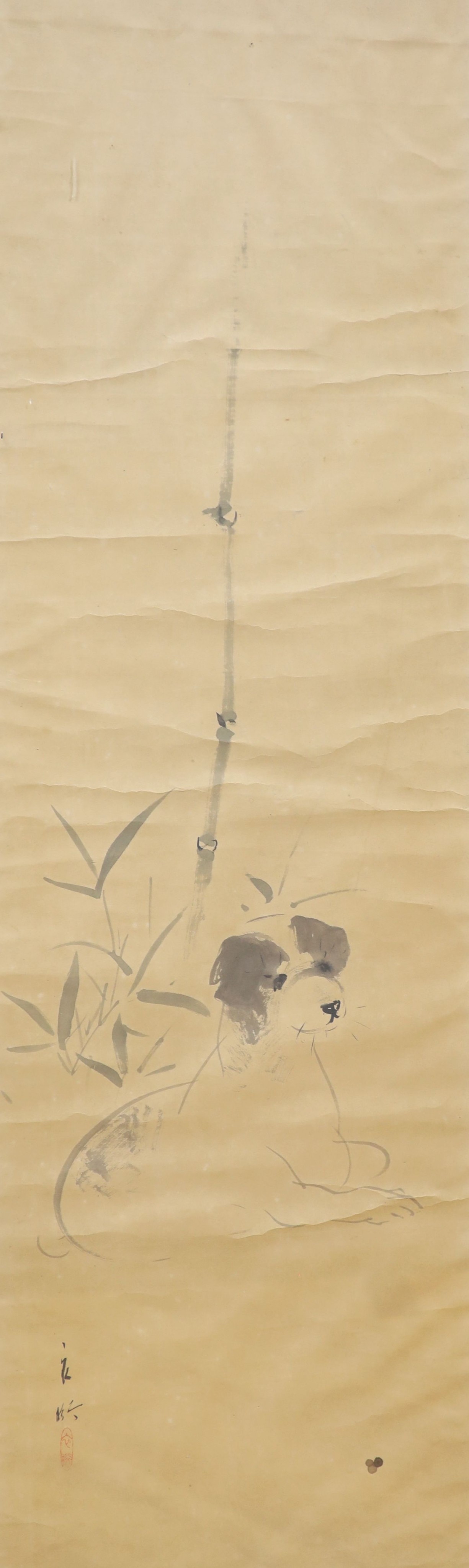 A 19th century Japanese ink painting on paper of a dog, image 96.5 x 32 cm